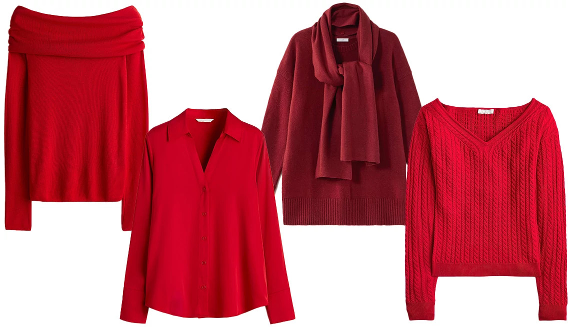 a collage with four different styles of red tops