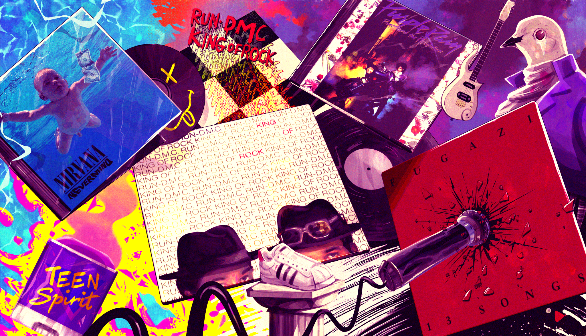 a colorful collage featuring album covers from nirvana, run d m c, prince and fugazi