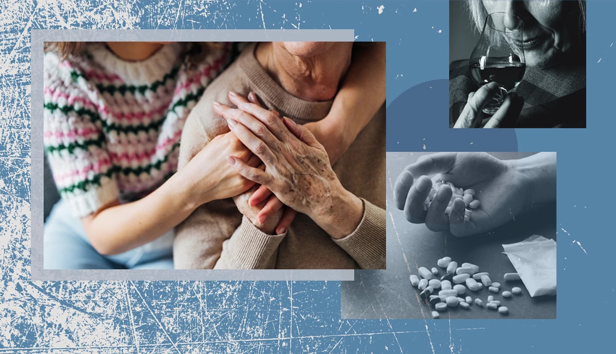 a hand holding pills, someone drinking wine and two people embracing
