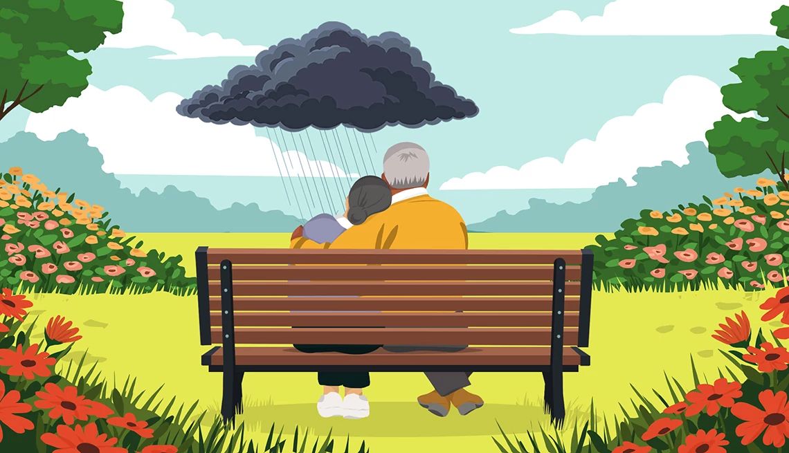 Healing Past Sexual Trauma an older couple sits on a park bench. a thundercloud and rain hovers above them