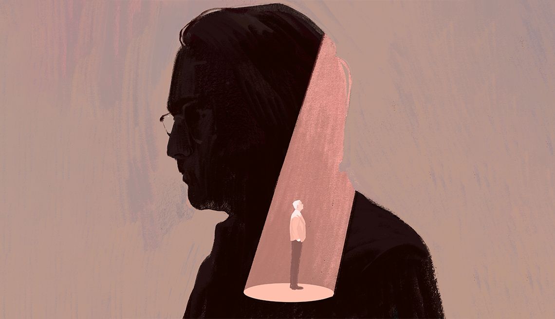 Living With Incurable Blood Cancer illustration of a man spotlighted in his own head