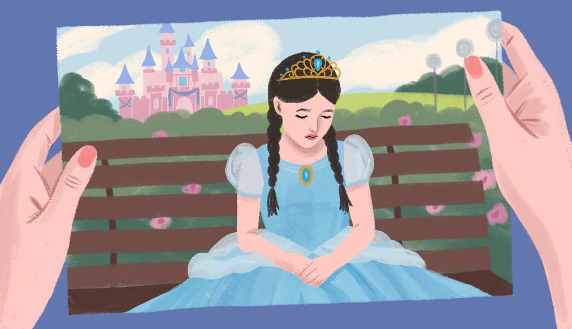 The Memory I Wish I Could Forget a young girl in a princess costume looking sad while sitting on a bench at Disney World