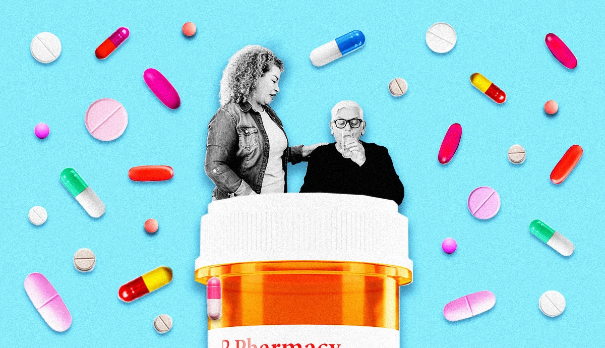 a person drinking a glass of water on top of a pill bottle with different pills around them