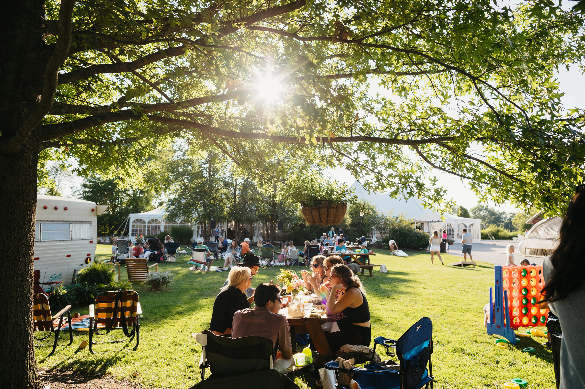 people eating at a farm
