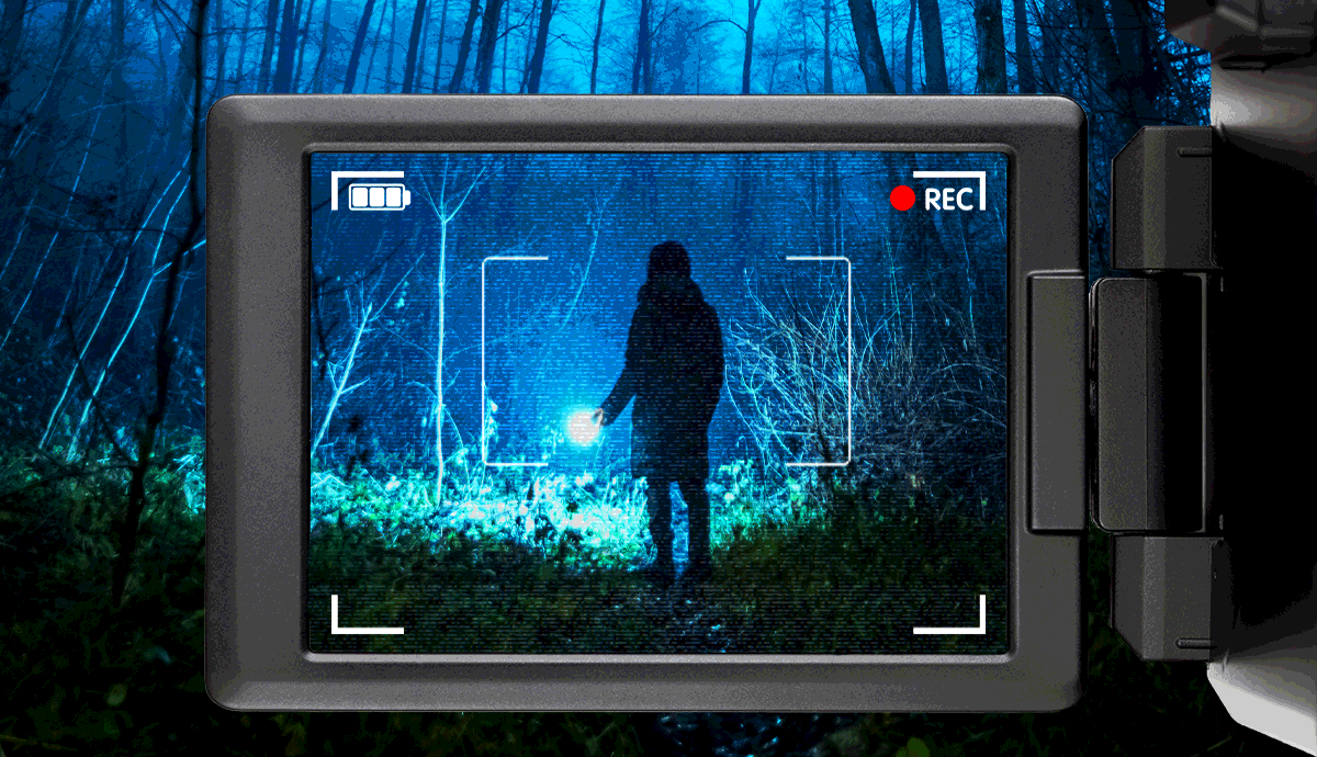 A person standing in a dark forest at night, illuminated by a bright light and viewed through a video camera recording screen.