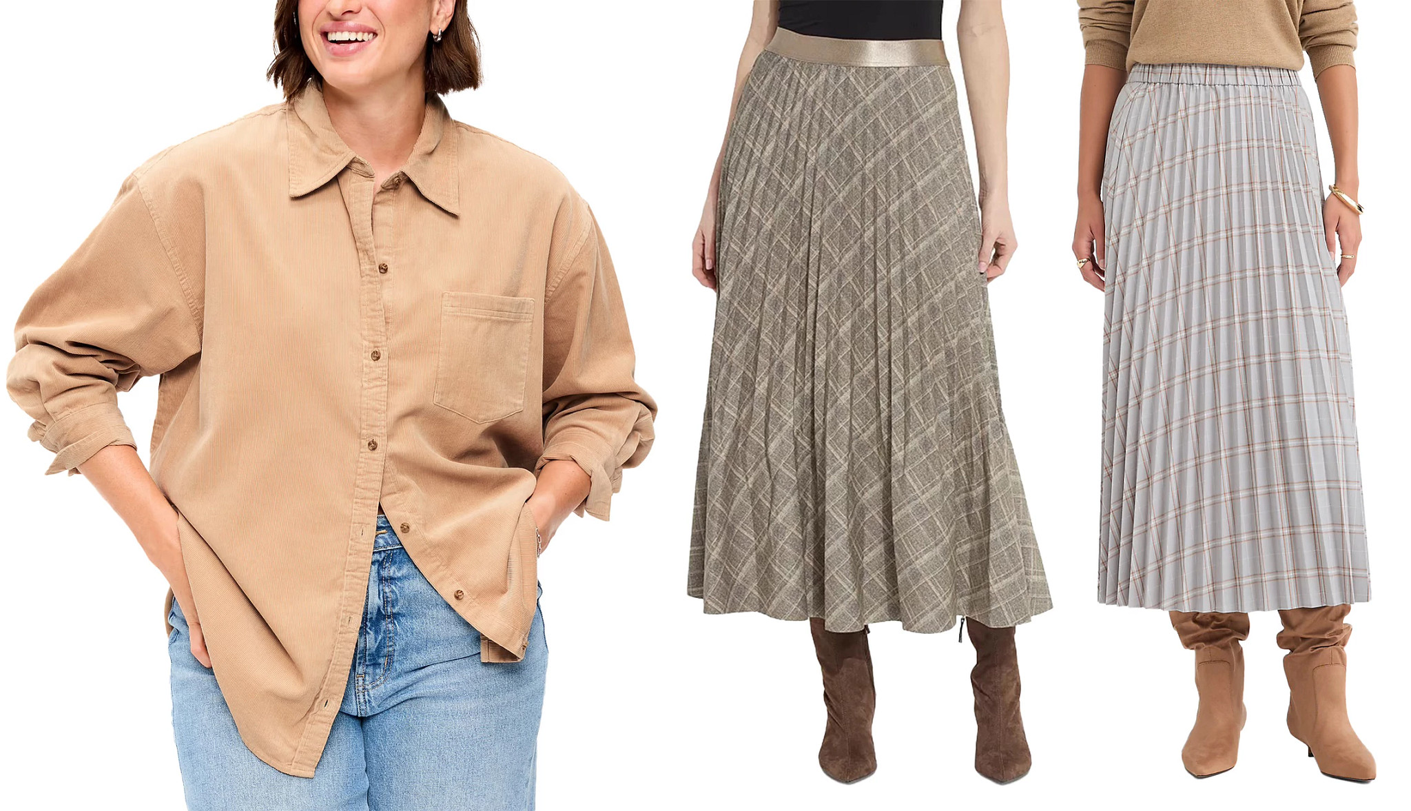 A collage with plaid skirts and a button down top for fall.