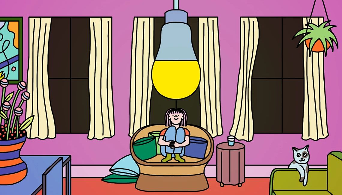 illustration of a person sitting on a couch with a cat nearby looking at a warm-glow lightbulb hanging from the ceiling