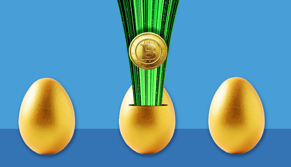 Adding Cryptocurrency to 401(k) three gold eggs on a blue background. bright green and a gold bitcoin burst from the center egg