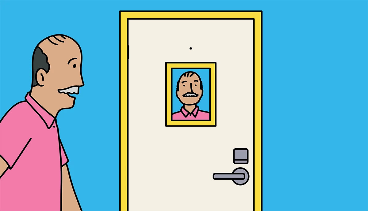 an illustration of a person walking to a cruise cabin with their photo on the door