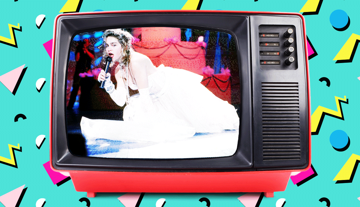 an animation shows a red vintage television displaying images from iconic m t v moments