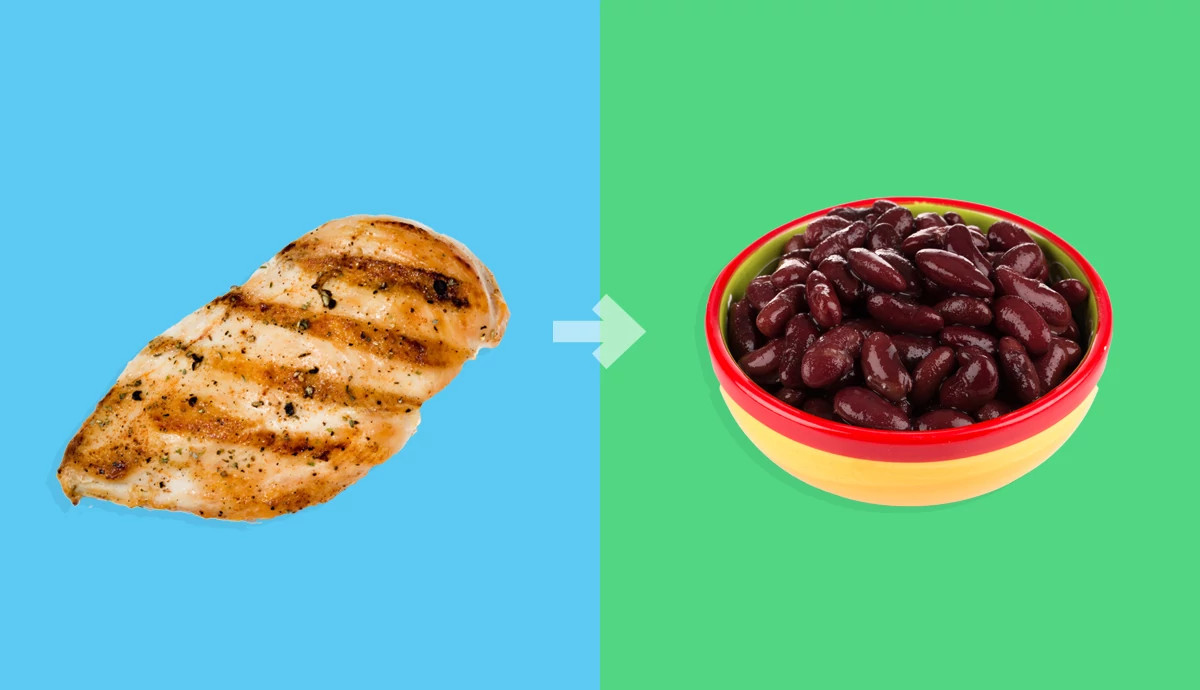 An arrow points from a chicken breast to a can of beans.