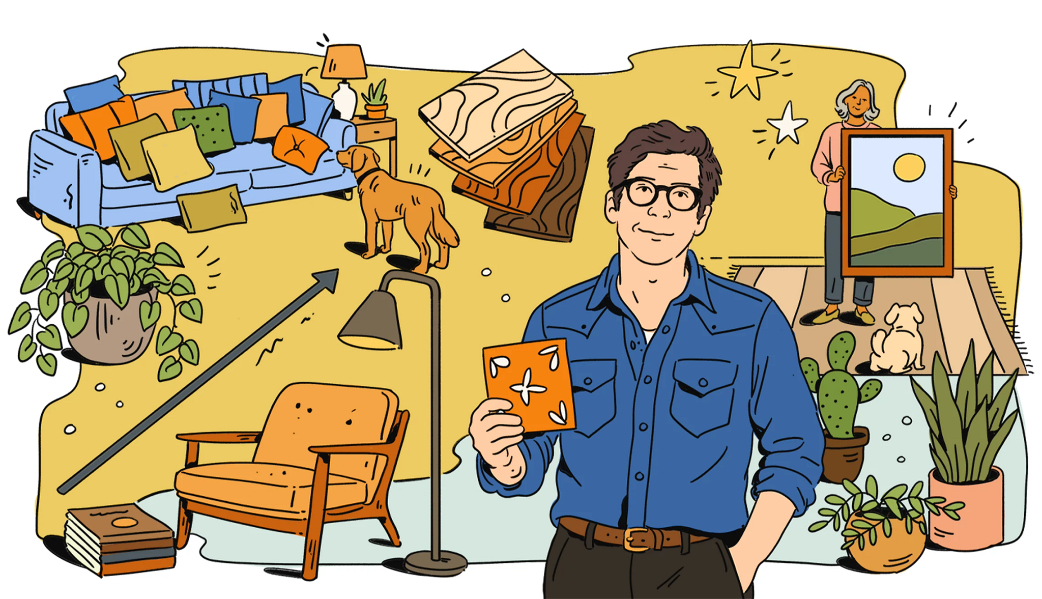 an illustration shows interior design expert Hans Lorei in front of a collage of home decor images, including a many-pillowed couch, various plants and a lamp