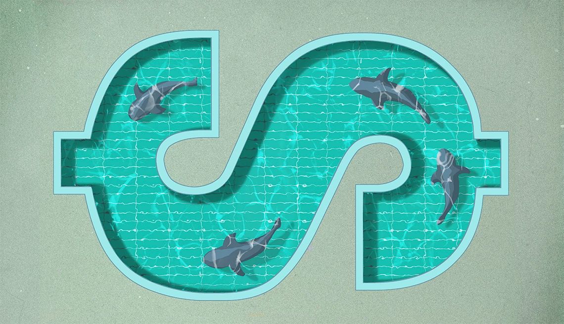 graphic of sharks swimming inside a dollar sign symbol