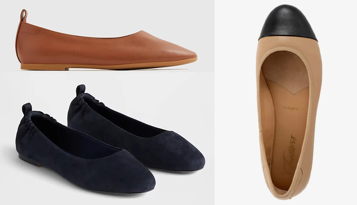 a collage showing three different styles of ballet flats