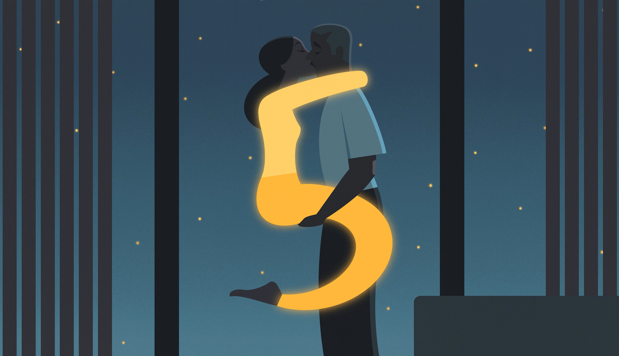 A woman shaped like the number 5 wraps her partner in a passionate embrace in front of a moon-lit window