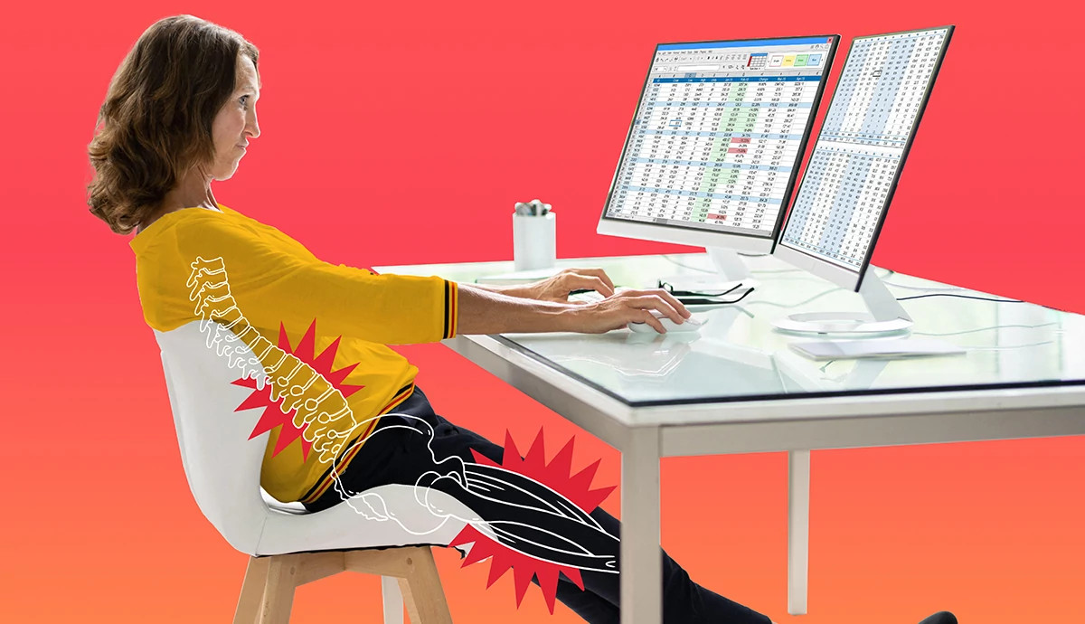 A woman works at a desk with two computer screens. Superimposed on her body is an illustration of bones and joints.