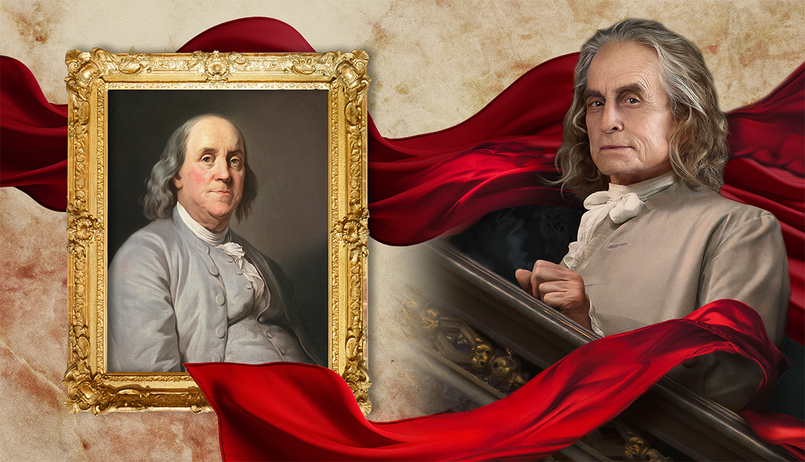 A portrait of Benjamin Franklin next to actor Michael Douglas who portrays Franklin in television series