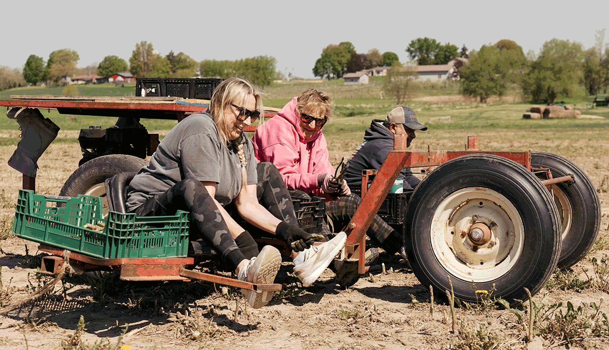 A group of older adults working at a farm