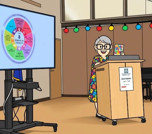 illustration of a woman giving a presentation at a podium