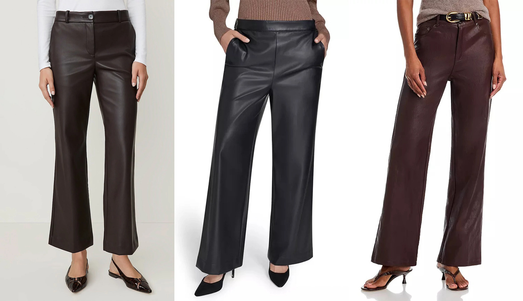 a collage with three different styles of womens faux leather pants