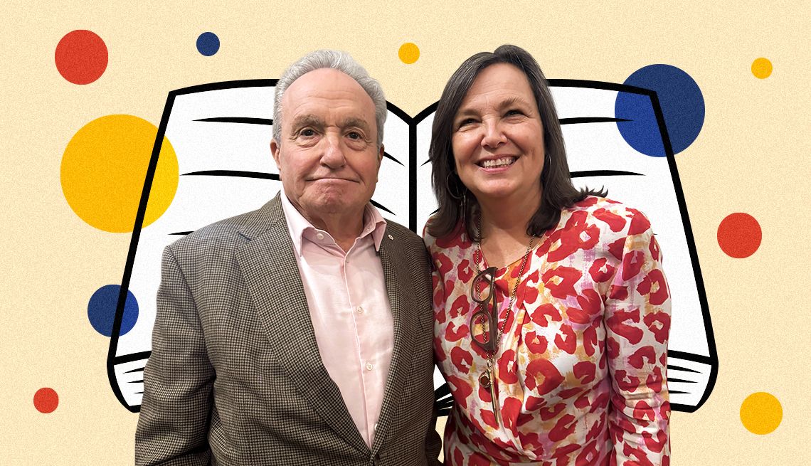 My First Book Became a Bestseller author susan morrison and lorne michaels look at the camera in front of a colorful background