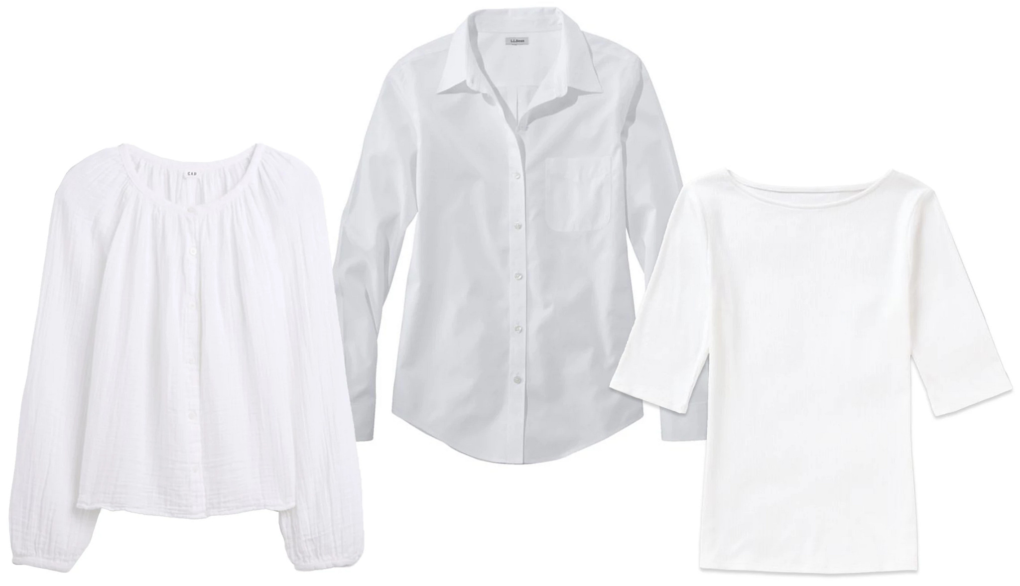 three different styles of white tops