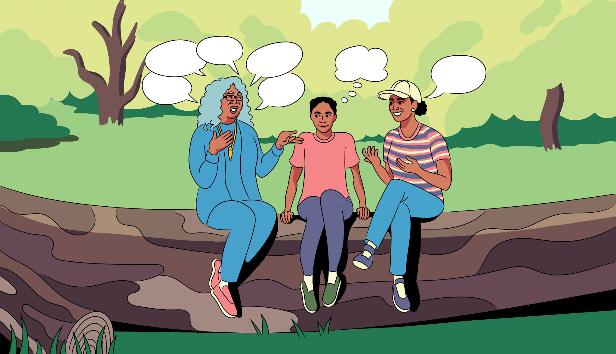 an illustration of people sitting on a fallen tree and talking