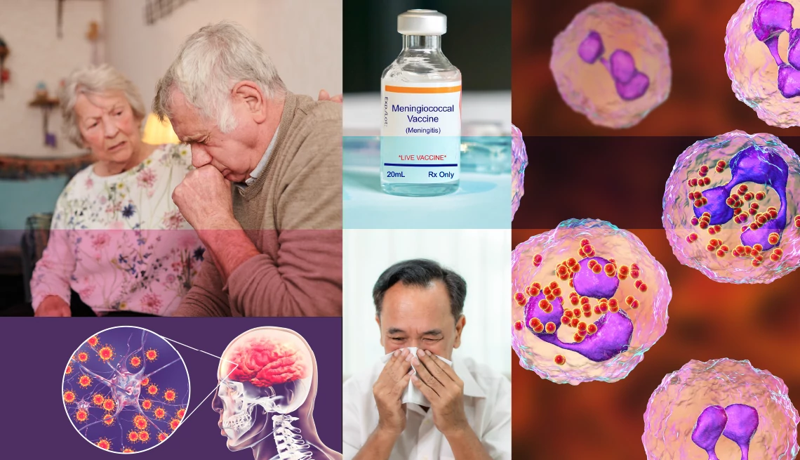 Montaje de fotos donde se ve una pareja mayor, un frasco de una vacuna, partículas de bacterias y un hombre estornudando