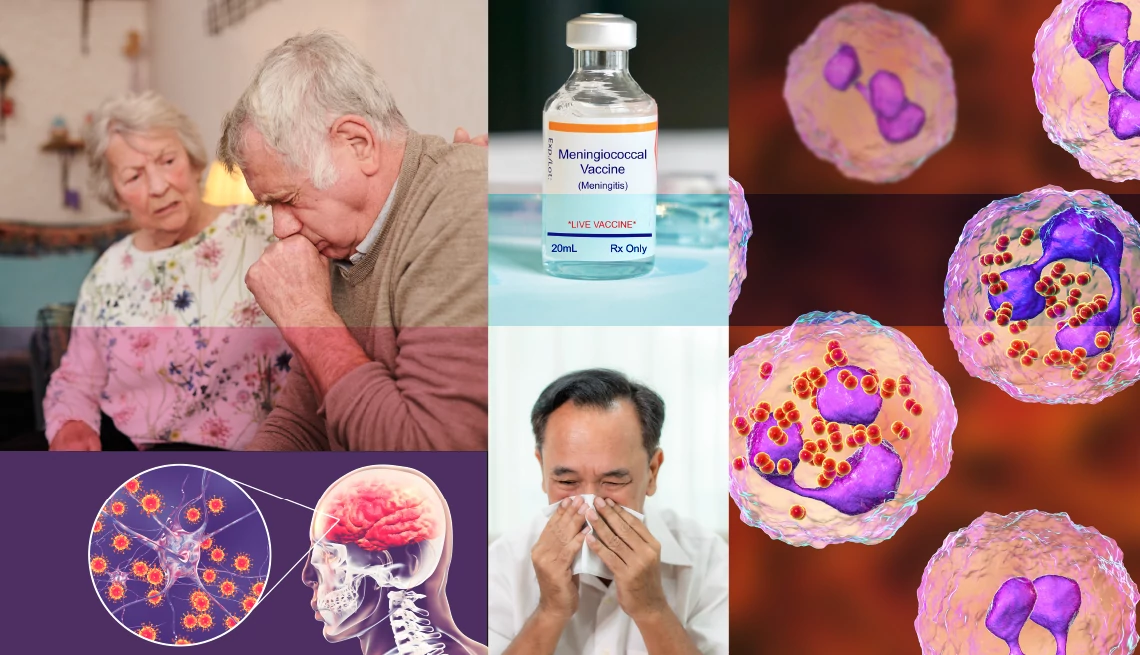 What You Need to Know About Meningococcal Disease  collage of people using tissues and illustrations of neisseria meningitidis bacteria