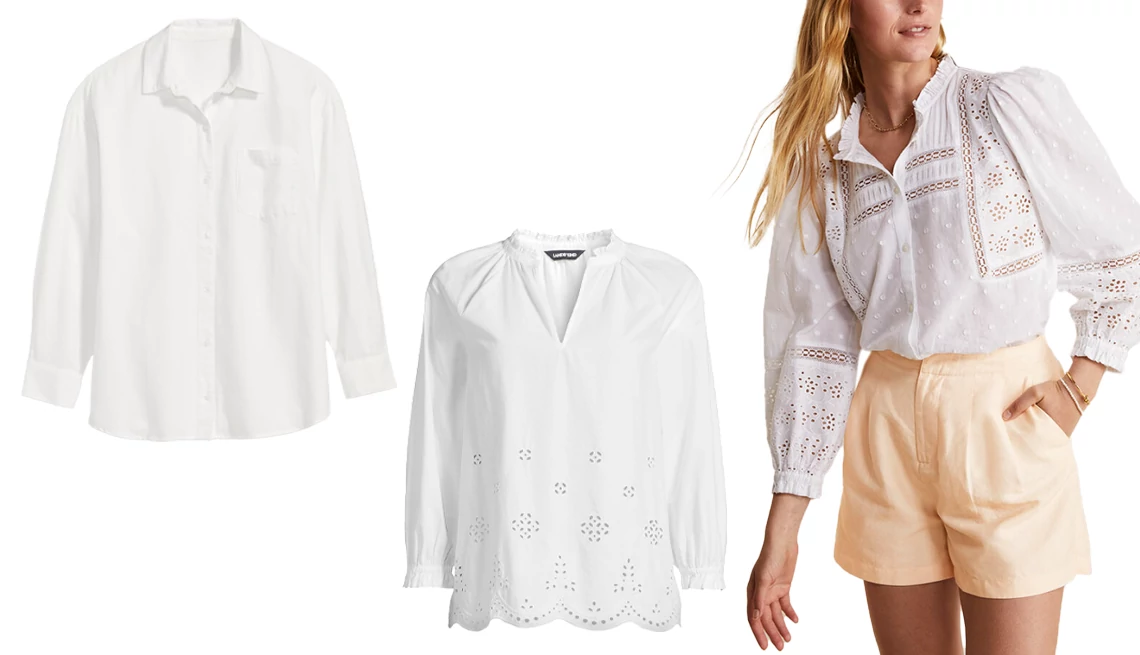 White shirts Old Navy Oversized Boyfriend Shirt in White Oxford; Lands’ End Women’s Eyelet Split Neck Shirt in White; Vineyard Vines Eyelet Long Sleeve Top in White Cap