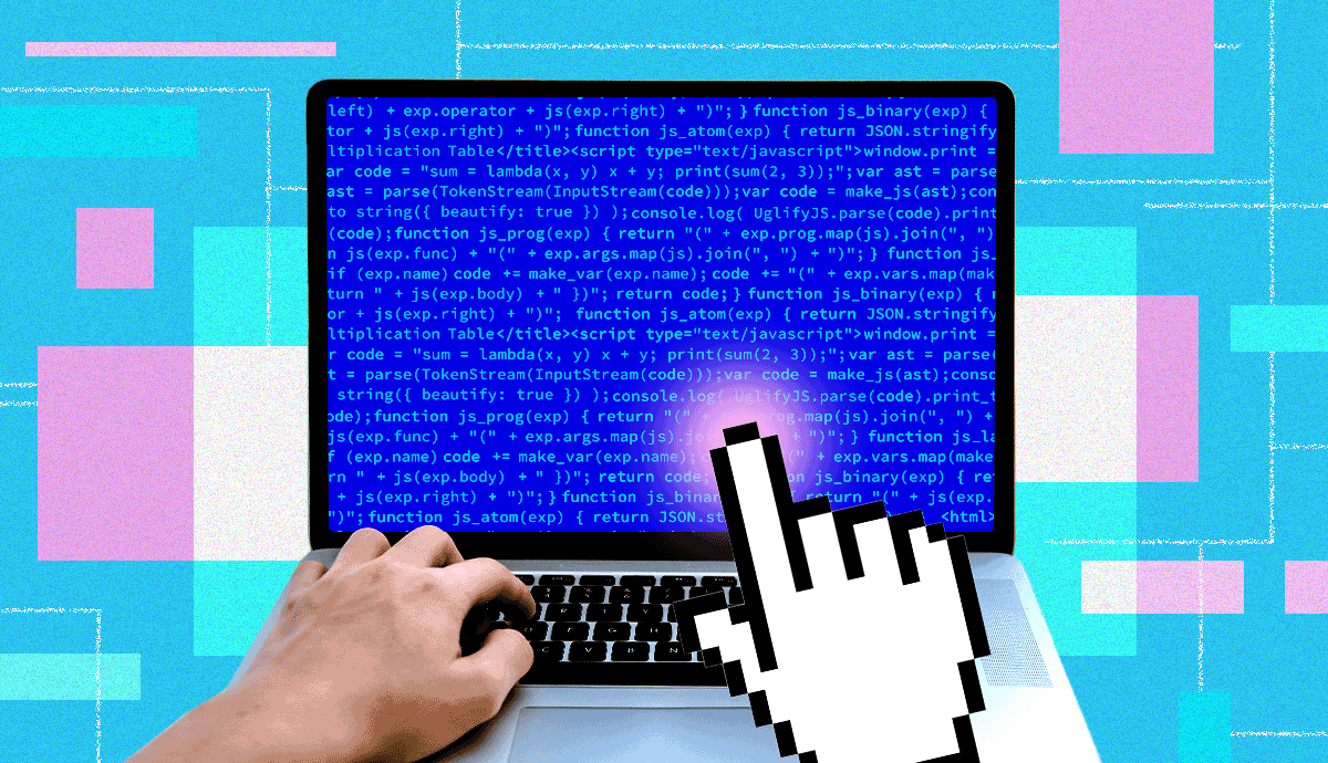 GIF showing hands working on a laptop in front of a rendering of a digitized background. The right hand is a finger symbol.