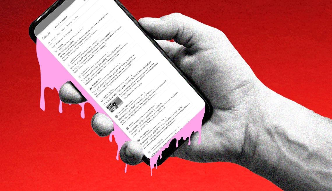Ilustración de una persona que sostiene un teléfono inteligente del que le sale un líquido rosado 