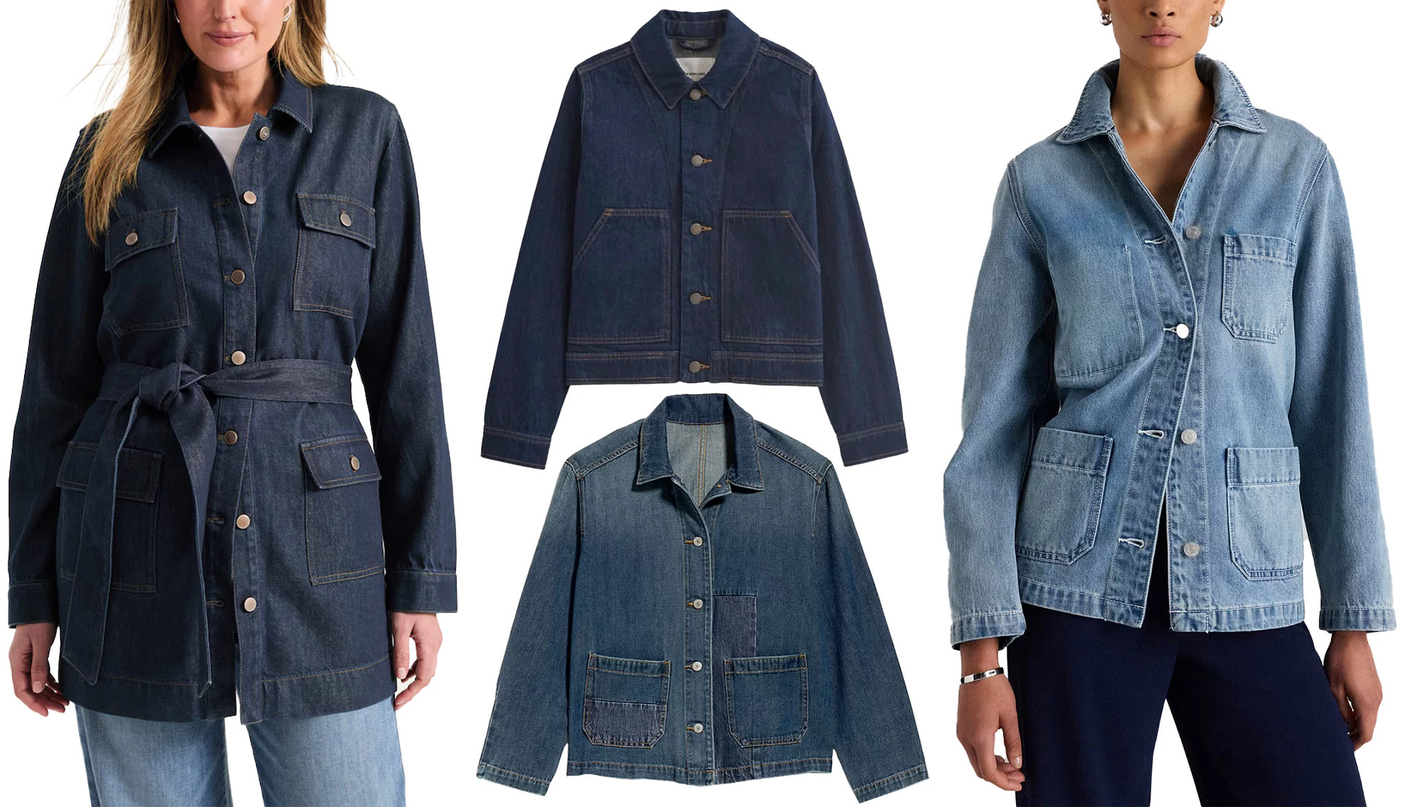 a collage with two different styles of demin jackets, and two models wearing other styles of denim jackets, one with a belt