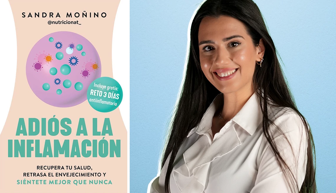 Foto de la autora, Sandra Moñino, y la portada de su libro, Adiós a la inflamación: Recupera tu salud, retrasa el envejecimiento y siéntete mejor que nunca.