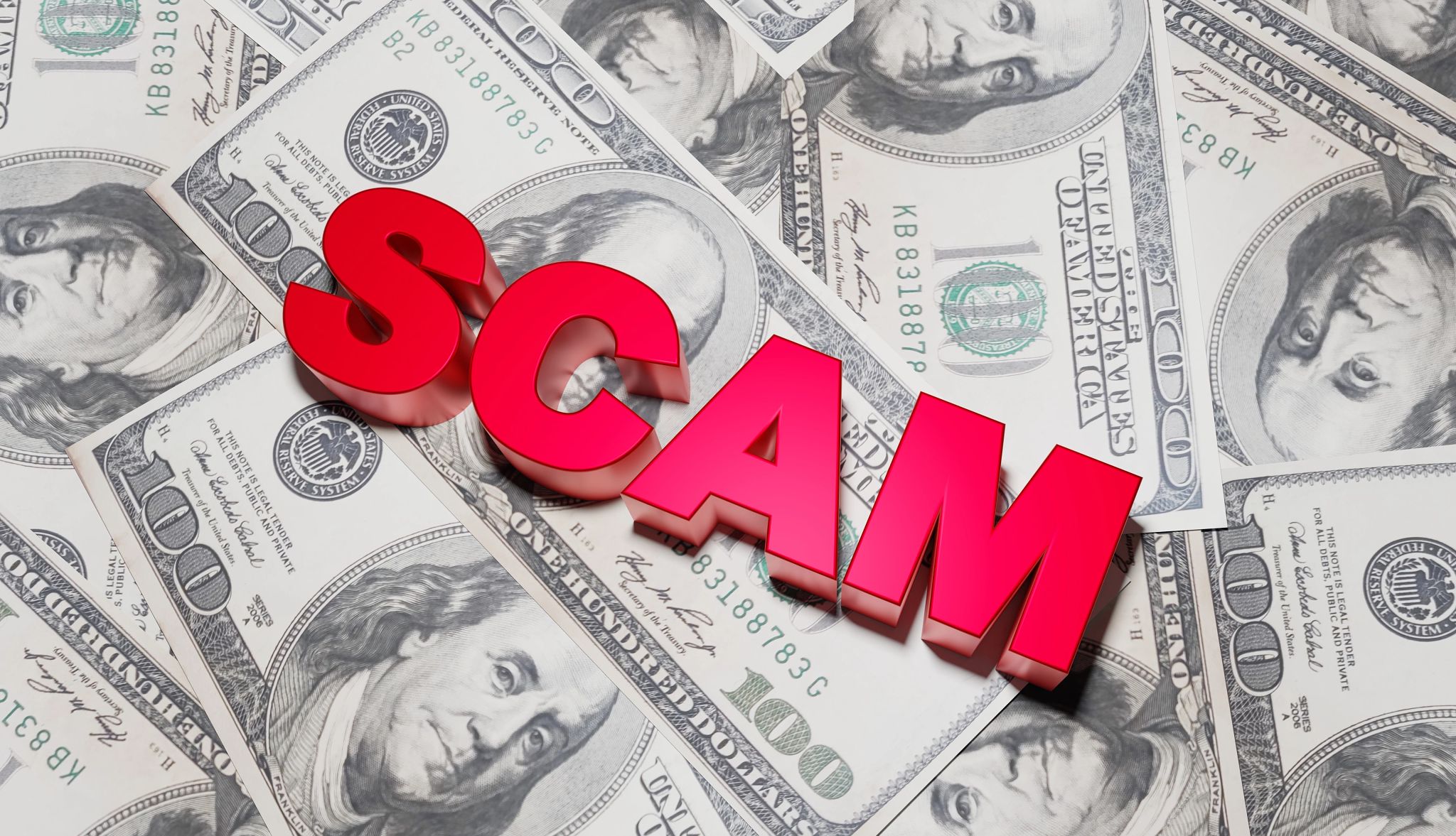 SCAM text with US dollars background,3D rendering SCAM text with US dollars background,3D rendering
