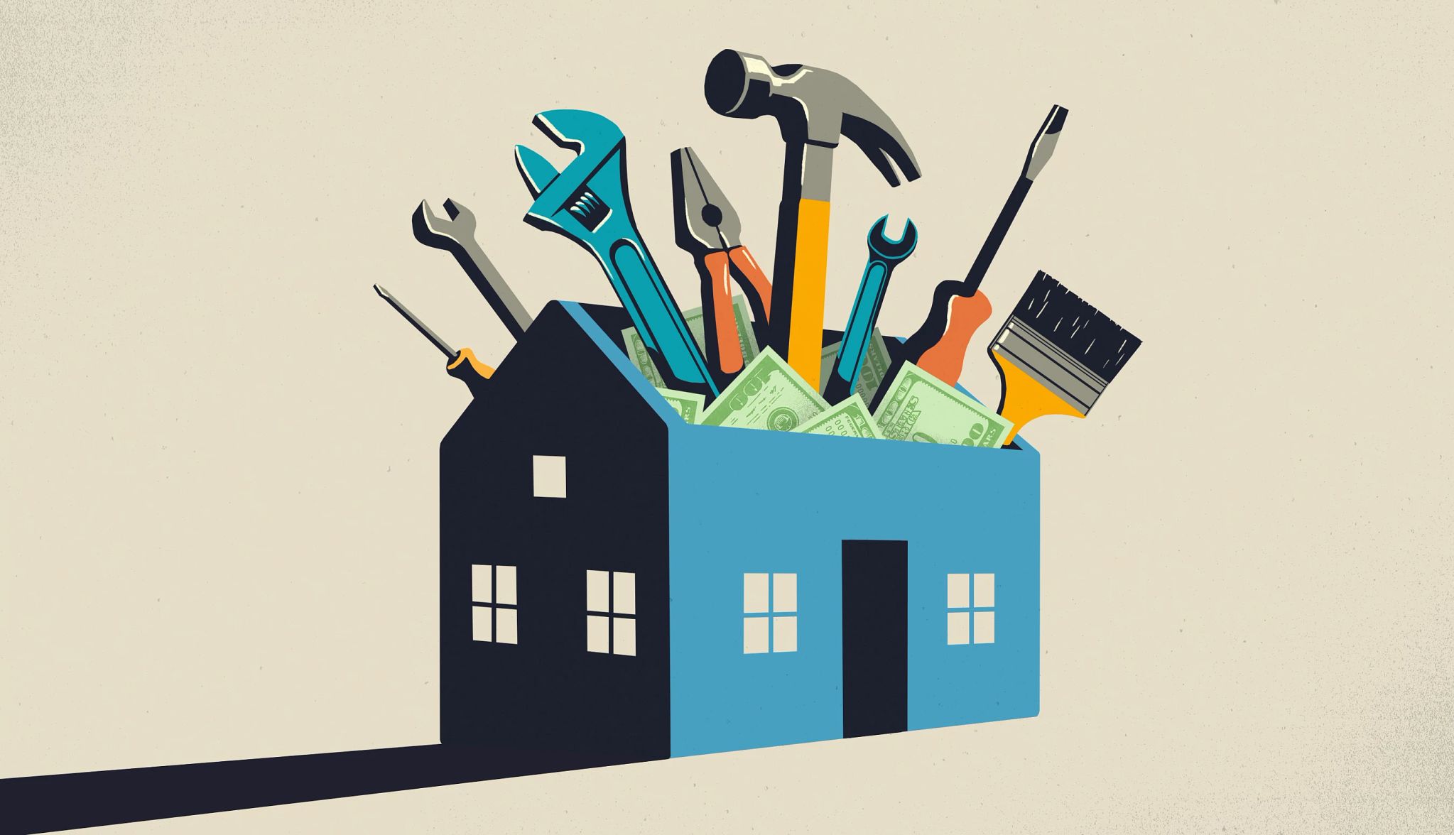 Home Maintenance Tasks a house with tools coming out of the roof