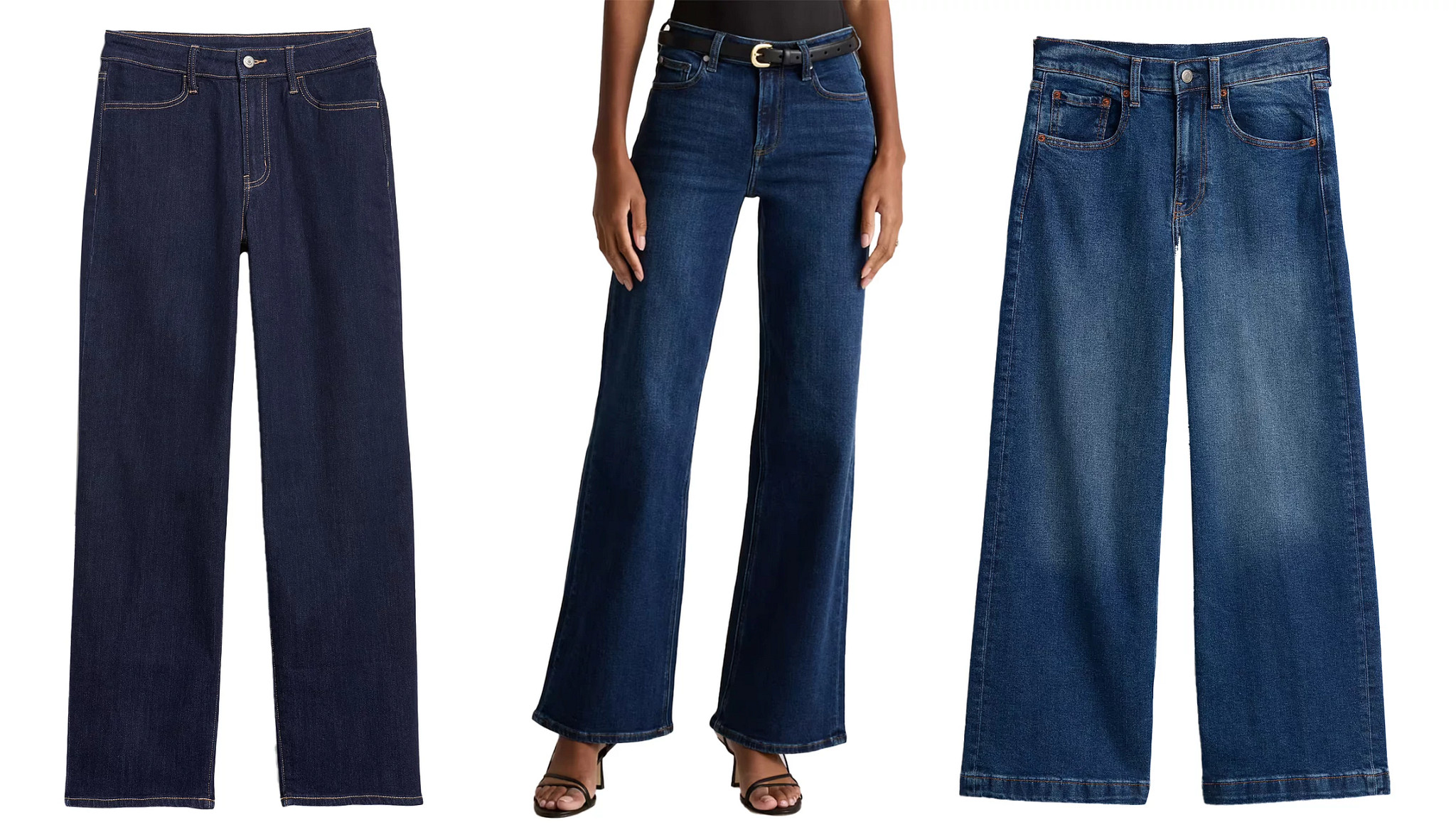 a collage with two different styles of dark wash wide leg jeans, and a model wearing a pair of wide leg jeans with kitten heel sandals