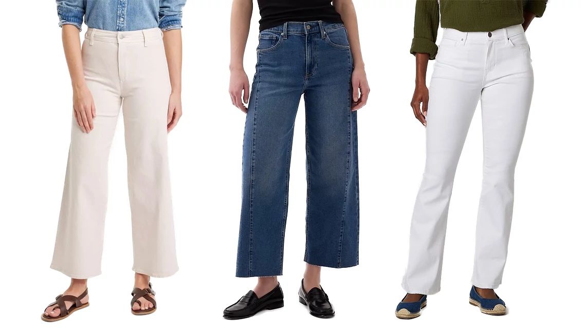 Choose a rise that works with your bust and torso Universal Thread Women’s High-Rise Sailor Wide Leg Ankle Jeans in Cream; Gap Women High Rise Stride Wide-Leg Ankle Jeans in Medium Indigo; a.n.a. Women’s High Rise Flare Leg Jean in White