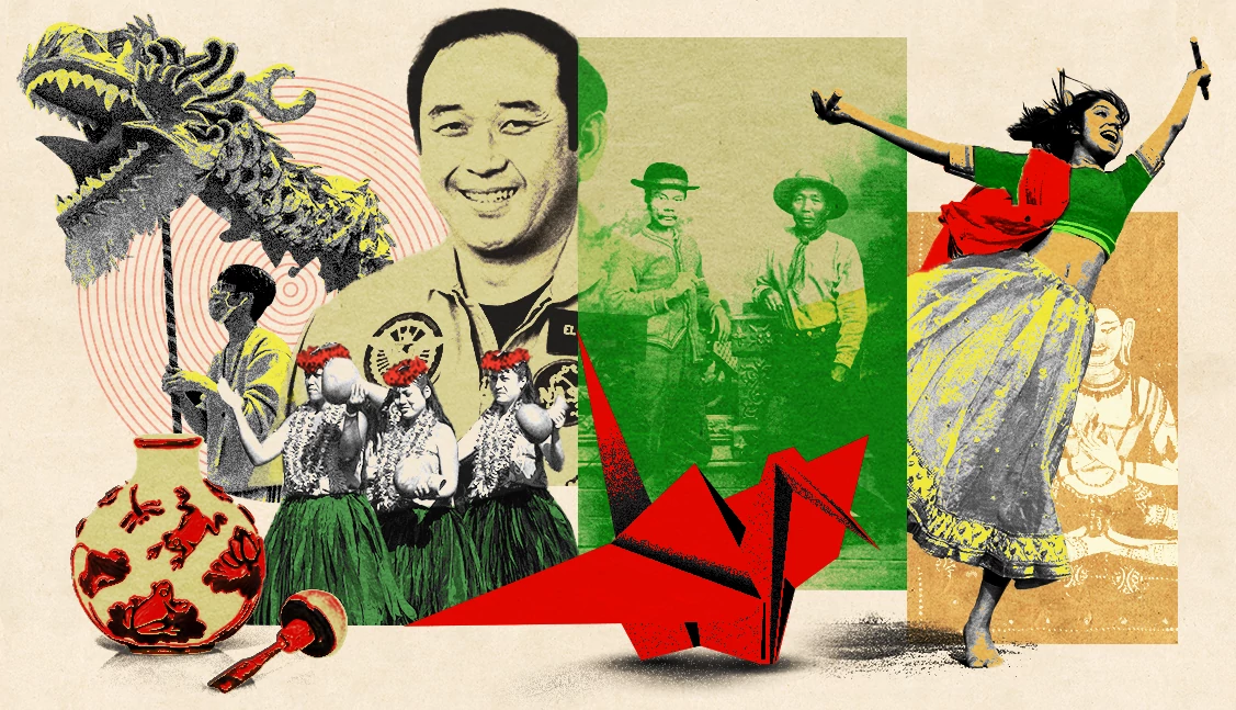Bailarines de hula hawaiano, el astronauta Ellison Onizuka, origami y una bailarina folclórica gujarati