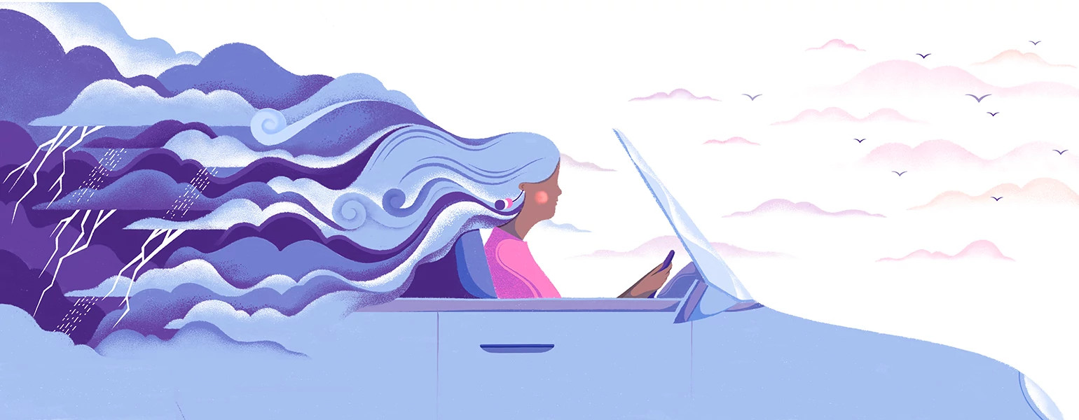 illustration of woman driving away in a car with thunderstorms in her hair