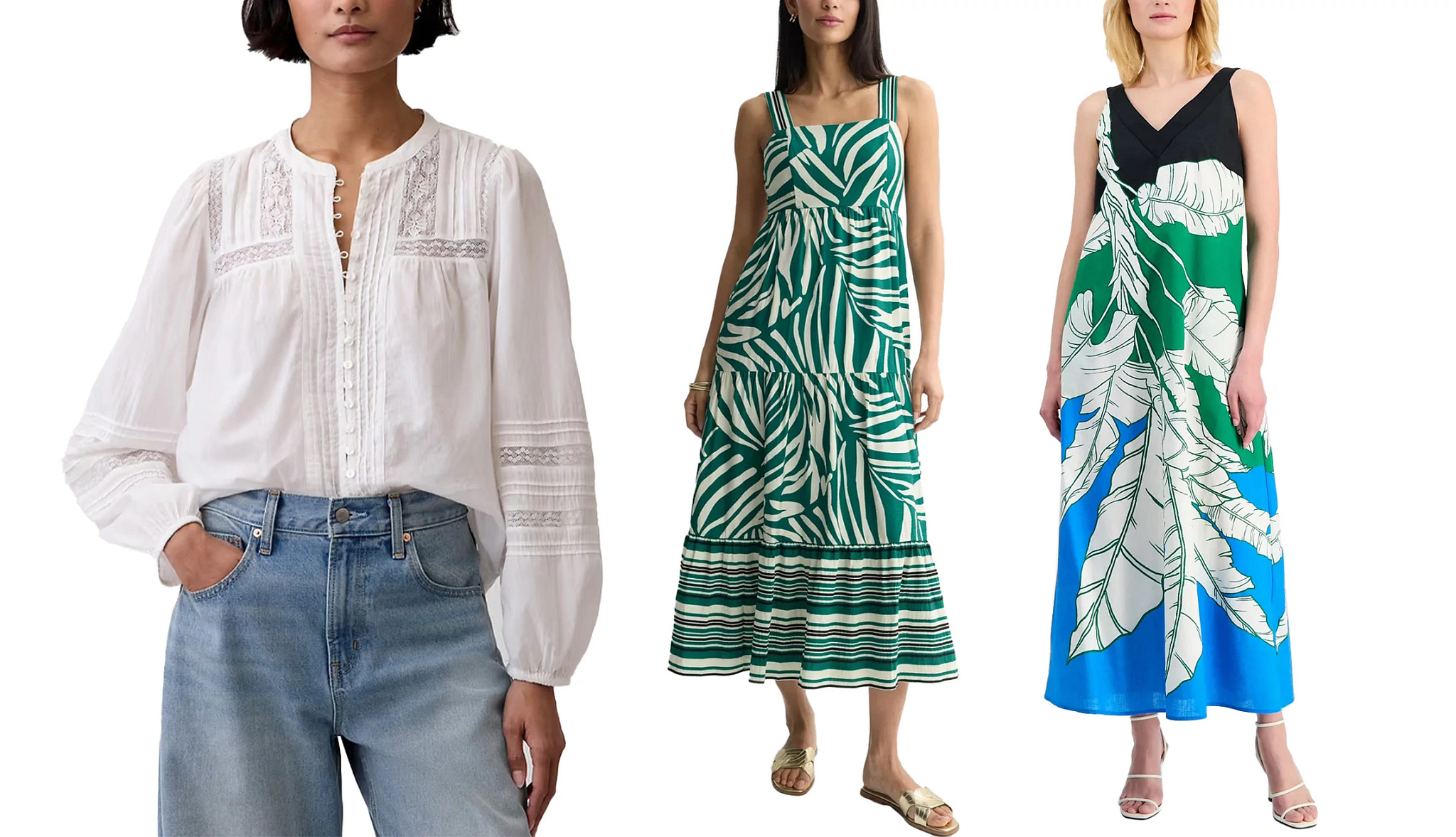 a collage with a model wearing a white peasant blouse and blue jeans, and two models wearing sleeveless midi dresses in tropical prints