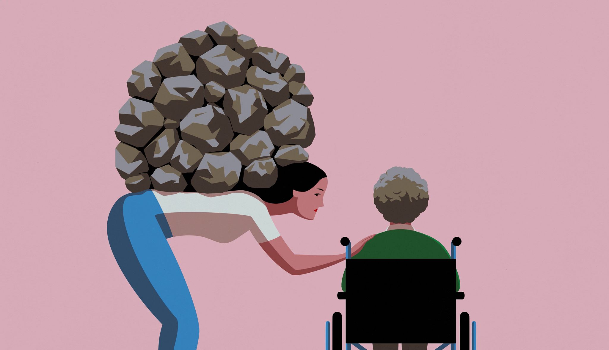 12 estrategias para ayudar a los cuidadores familiares a enfrentar sus días más difíciles persona cargando piedras en la espalda hablando con otra en silla de ruedas