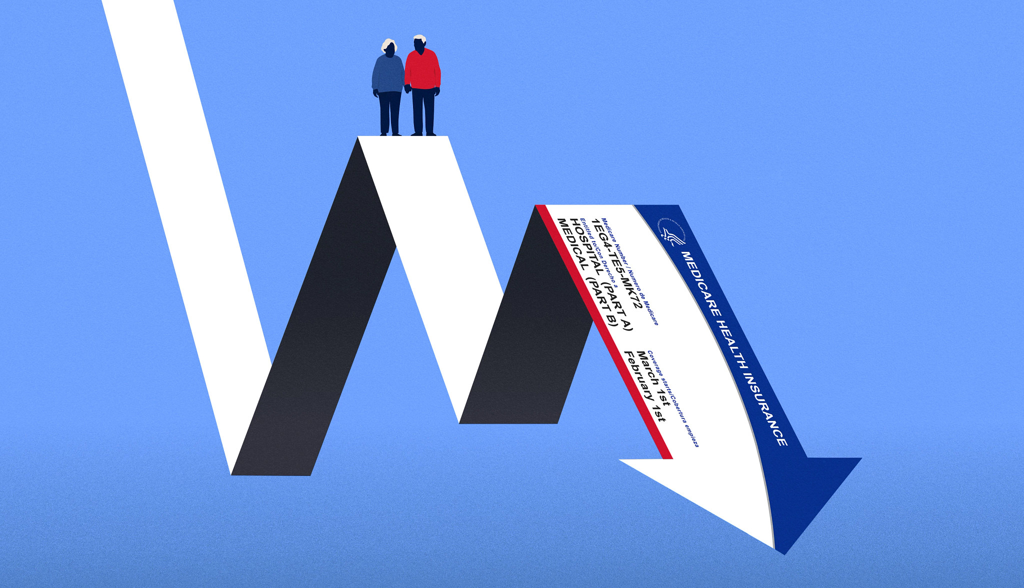 concept art of lowering medicare costs: medicare card in the shape of a downward line graph