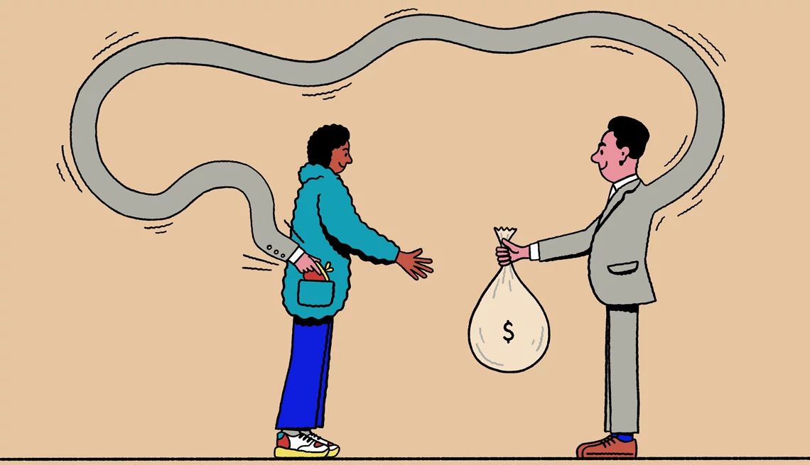 una persona ofrece una bolsa de dinero con una mano robando del bolsillo de alguien