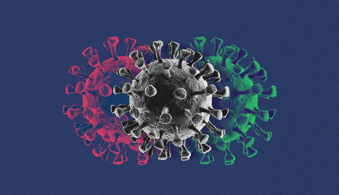 New XEC COVID Variant illustration of a gray, green, and red COVID spike on a dark blue background