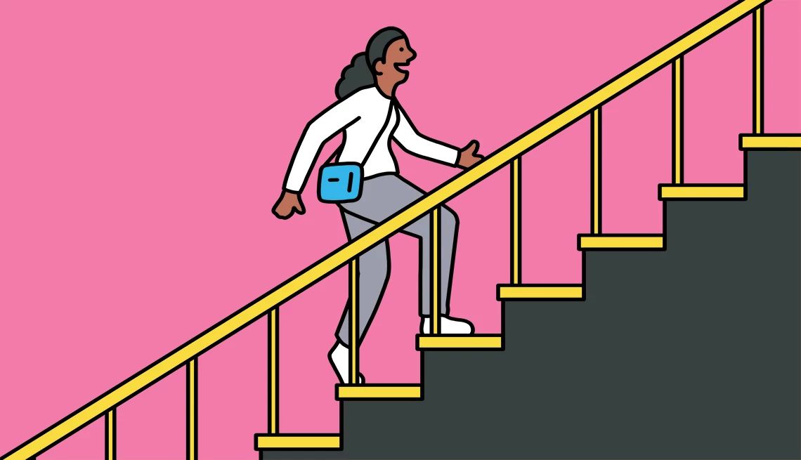 Take the stairs Illustration of woman walking up stairs