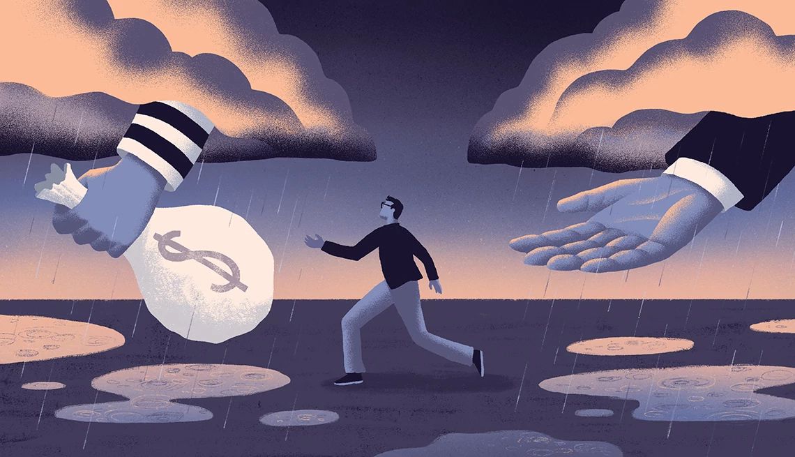 scam victims must pay taxes on stolen income A man stands between two 2 clouds with one robber hand holding a bag of money and another hand holding out an empty palm