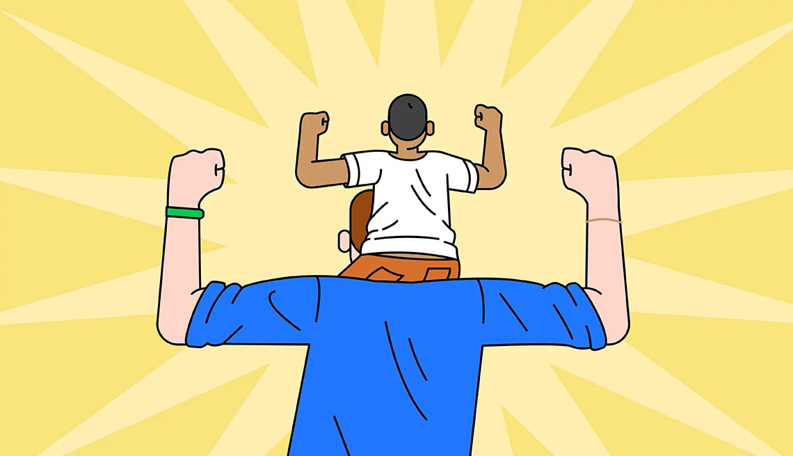 An illustration shows a rearview of a large man with a small child on his shoulder facing a sunshine backdrop.