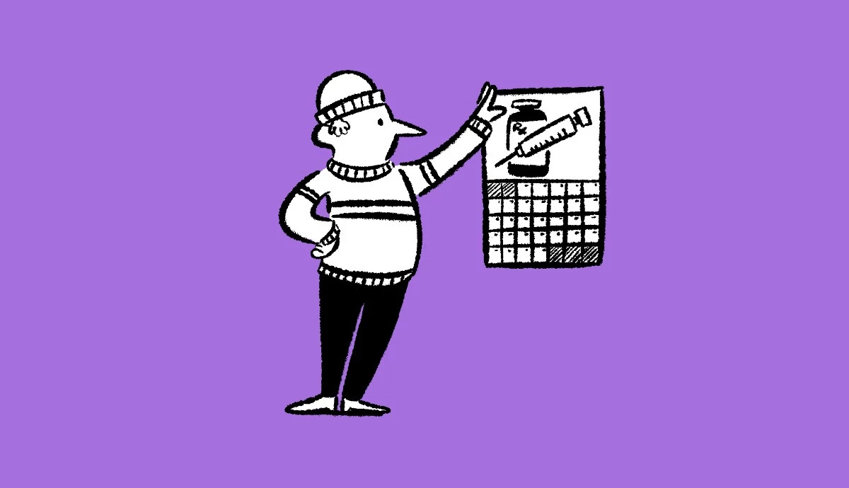 An illustration shows a person dressed in a warm winter sweater and beanie pointing to a wall calendar featuring a tropical beach scene, representing the seasonal timing for planning fall and winter vaccinations.