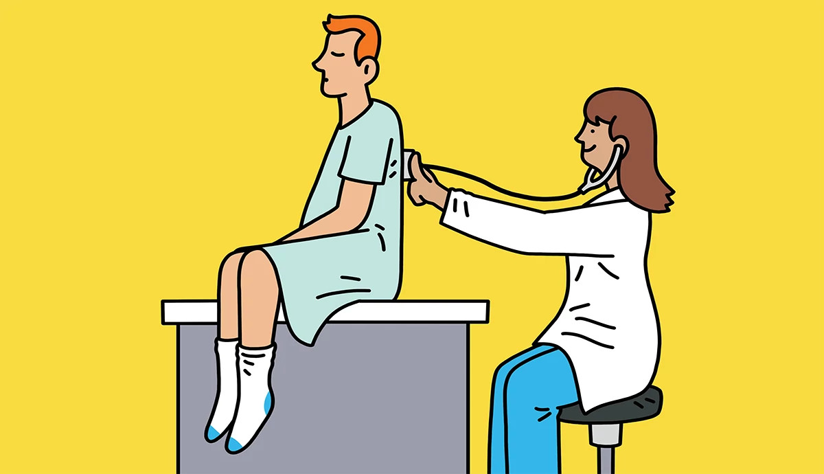 a doctor listens to a man's breathing through a stethoscope